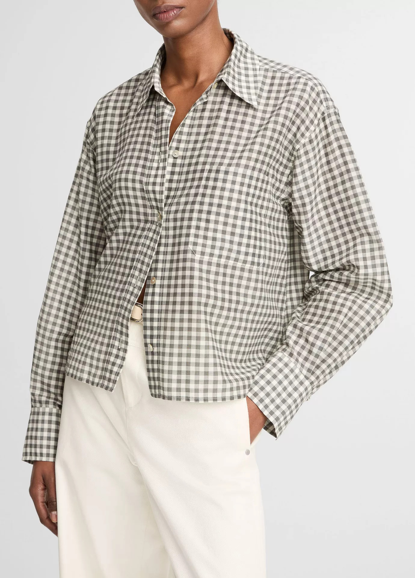 Gingham Cotton-Silk Cropped Button-Front Shirt | Vince LLC