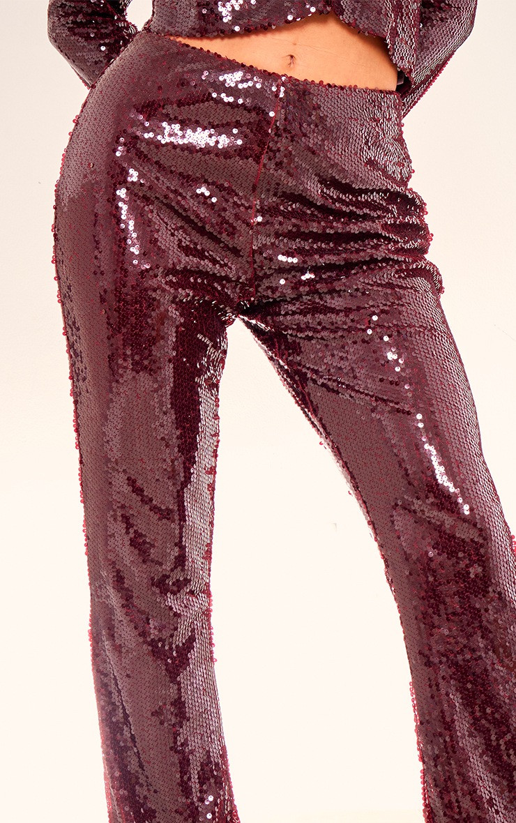 Cherry Red Sequin Low Rise Flared Pants | PrettyLittleThing US