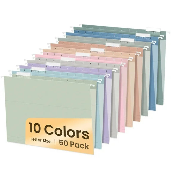 SUNEE 50 pack Hanging File Folders with 1/5-cut Tabs,10 Pastel Colors | Walmart (US)