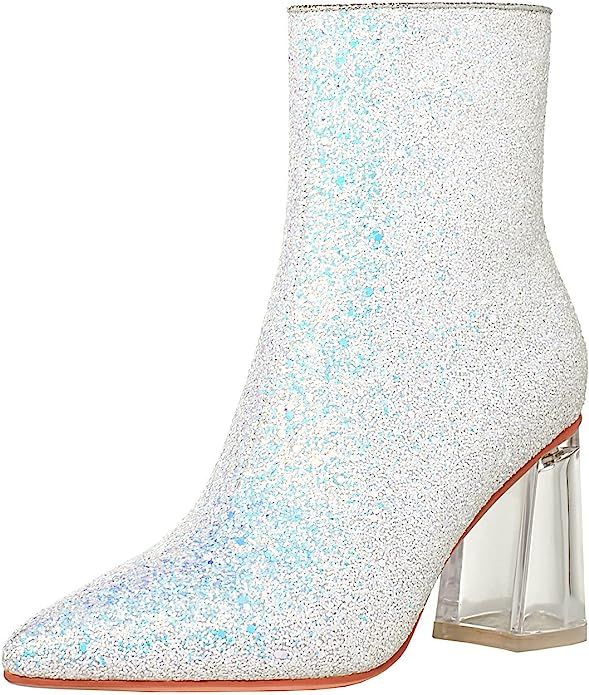 FIFSY Women Clear Heel Booties Sparkly Chunky Heel Sequin Glitter Ankle Boots | Amazon (US)