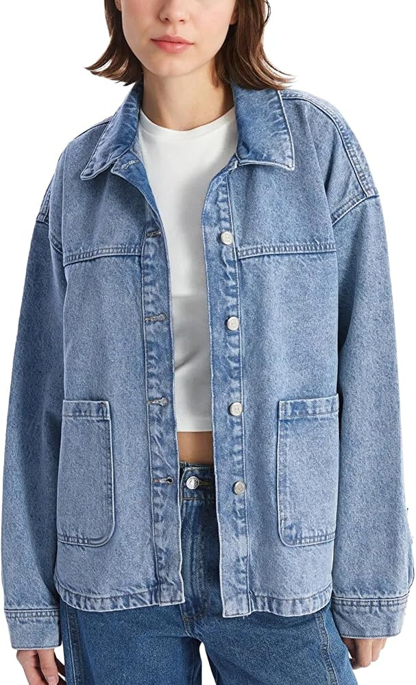 Jean Jackets for Women Trendy Button Up Denim Shirt Jacket Oversized Long Sleeve Coat Fashion Clo... | Amazon (US)