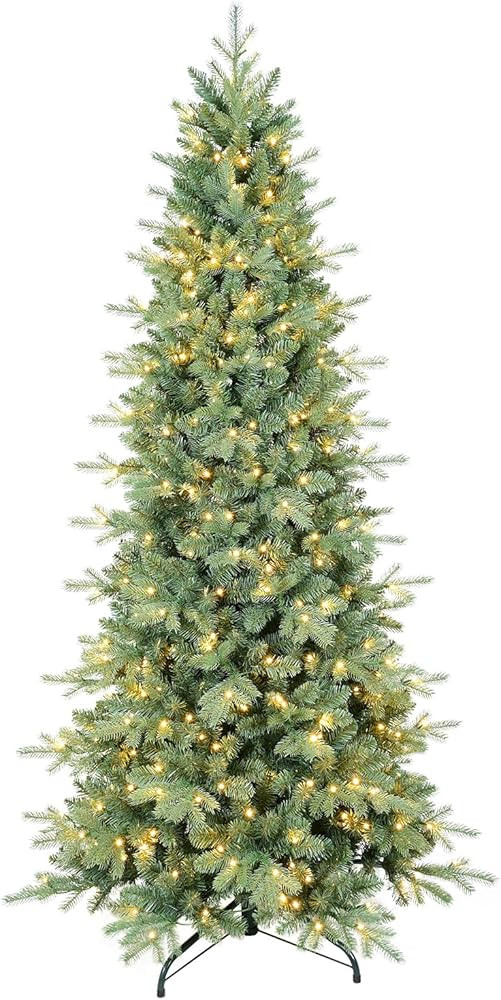 7 FT Prelit Artificial Skinny Christmas Tree,Blue Spruce Slim Pencil Xmas Tree with 1552 PE&PVC M... | Amazon (US)