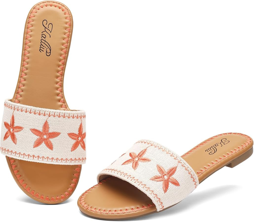 katliu Women's Flat Sandals, Boho Embroidery Floral Sandals, Vacation Slide Sandals | Amazon (US)