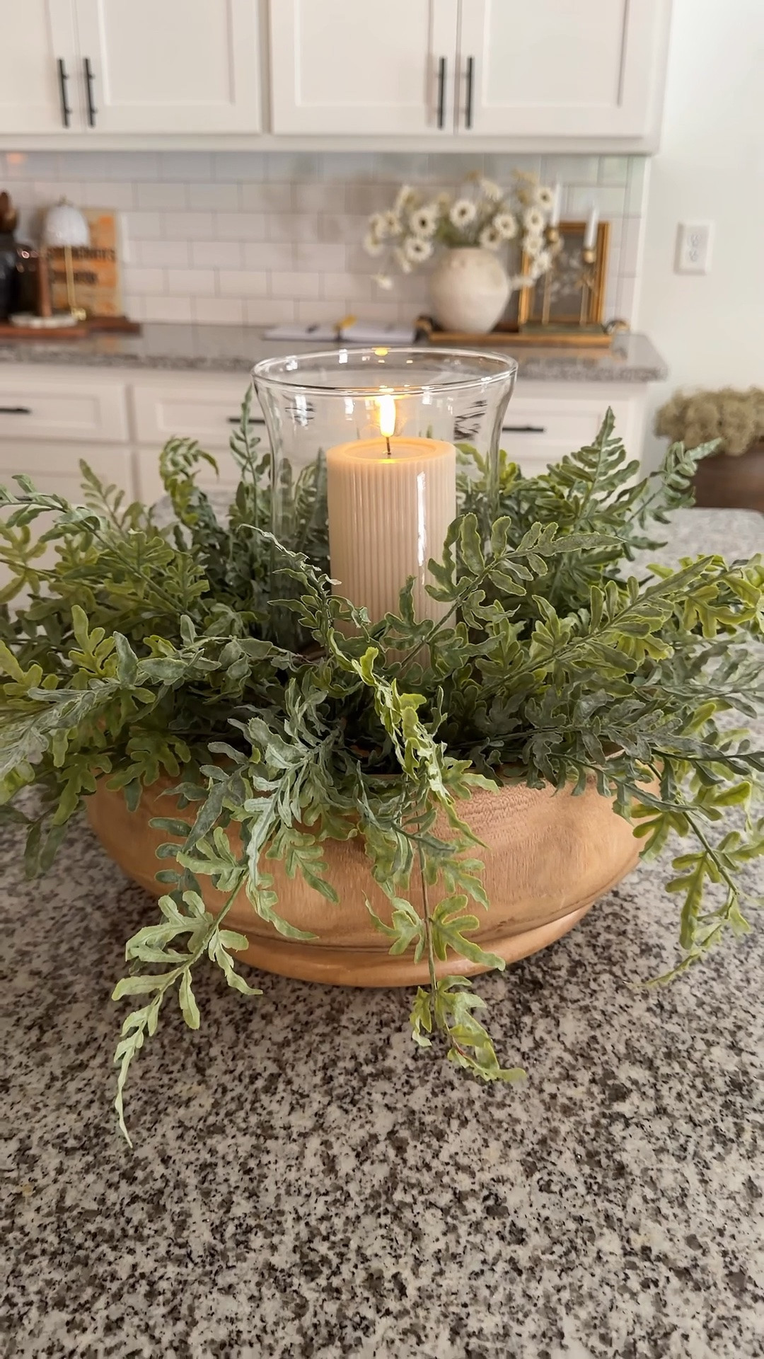 I love this large bowl for a centerpiece! I added some beautiful Coriander stems and layered a hurricane with a candle in the middle for a soft, elegant glow. Simple and so pretty for everyday styling!