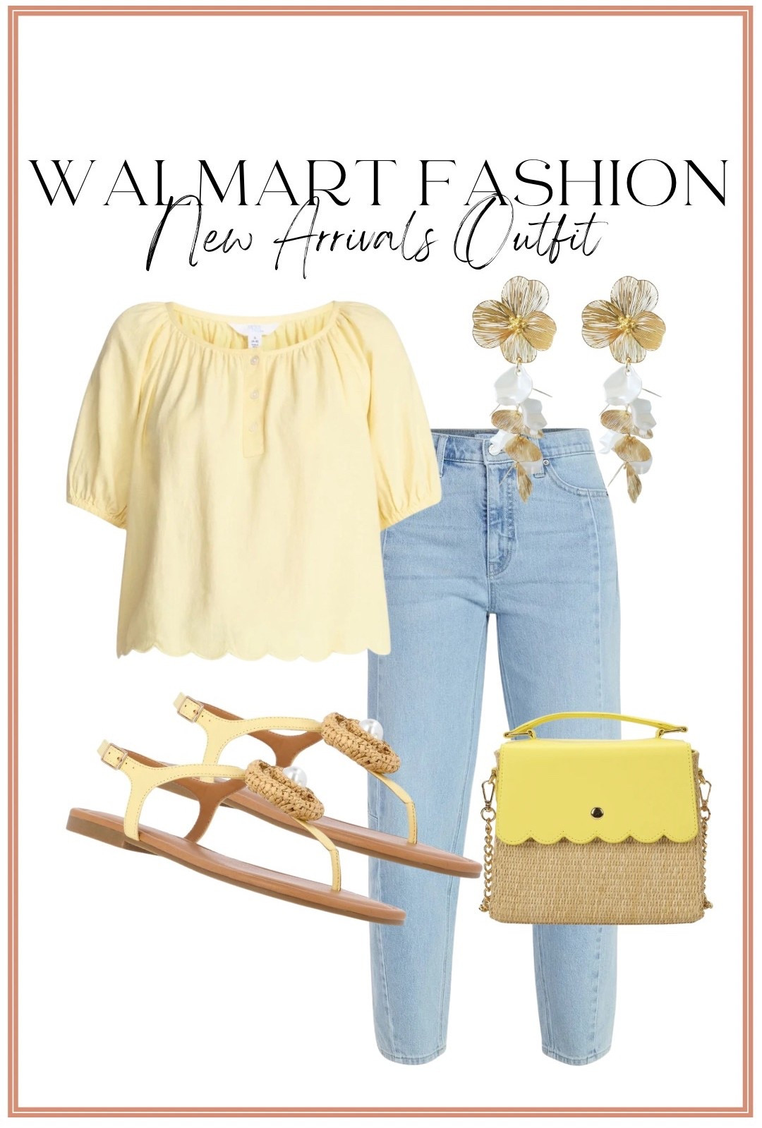 Walmart fashion new arrivals are giving SPRING ☀️💛 and I am obsessed with this head-to-toe look!

This buttery yellow puff sleeve top is the prettiest pop of color for spring outfits. It’s lightweight, feminine, and pairs perfectly with these flattering light wash straight leg jeans. Add in the raffia sandals, statement floral earrings, and this scalloped straw crossbody for the ultimate elevated everyday look.

This is the kind of affordable Walmart outfit you can wear for brunch, church, vacation, or everyday mom life and still feel so put together.

✨ Spring outfit idea
✨ Walmart denim find
✨ Raffia sandals for summer
✨ Statement earrings under budget
✨ Straw crossbody bag trend

If you’re looking for cute Walmart outfits, affordable spring fashion, or easy everyday outfit ideas — this one is so good 🤍

#WalmartFashion #WalmartFinds #SpringOutfitIdeas #AffordableStyle #WalmartStyle #EverydayOutfit #BudgetFriendlyFashion #SpringDenim #MomStyle #HeadToToeWalmart