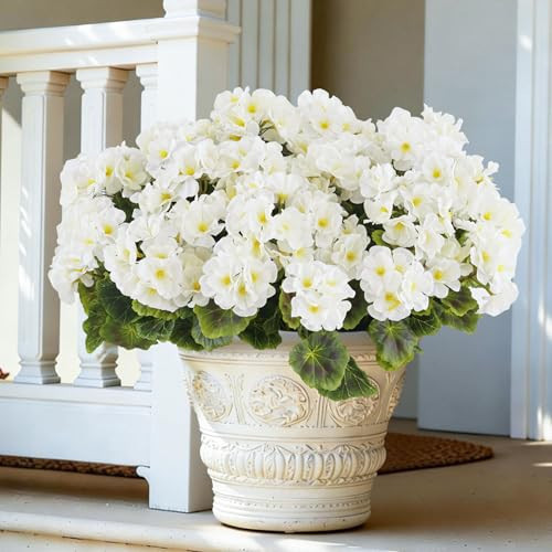 BonBloom's 6 Bundles Artificial Geranium Fake Flowers for Outdoors Decoration,UV Resistant Silk White Flower,Fake Plants for Front Door Porch Garden, Balcony Window Box Indoor Home Spring Decor | Amazon (US)