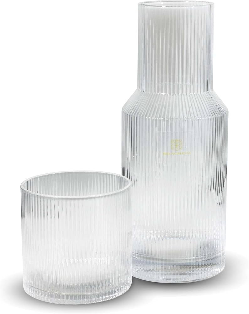 Bruno Magli Ribbed Carafe | 2-Pc Set | Drinking Glass Tumbler Doubles as a Lid | Elegant Nightsta... | Amazon (US)