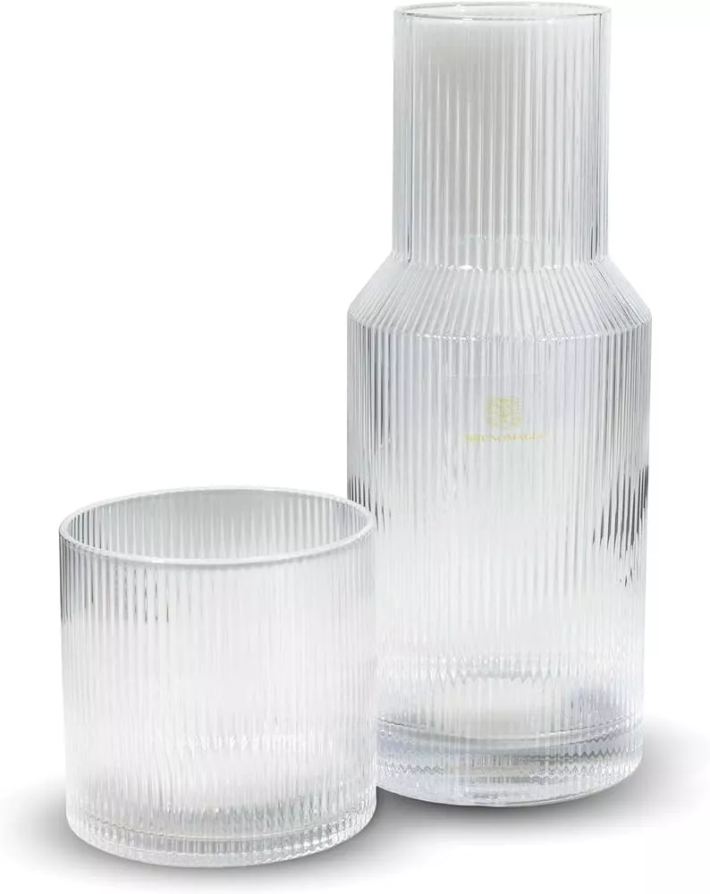 Elle Decor Ribbed 2-Piece Carafe Set Bedside Night Water Carafe, Glass  Pitcher and Cup that Doubles as a Lid Glass Tumbler, Gray