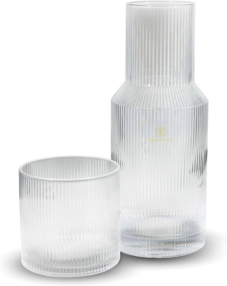 Bruno Magli Ribbed Carafe | 2-Pc Set | Drinking Glass Tumbler Doubles as a Lid | Elegant Nightsta... | Amazon (US)