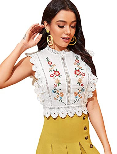 Floerns Women's Mock Neck Guipure Lace Trim Embroidery Blouse Tops | Amazon (US)