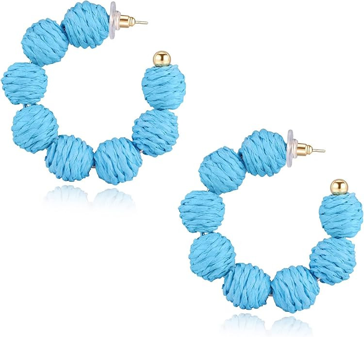 Raffia Hoop Earrings for Women - Boho Colorful Rainbow Beaded Bohemian Statement Rattan Circle Da... | Amazon (US)