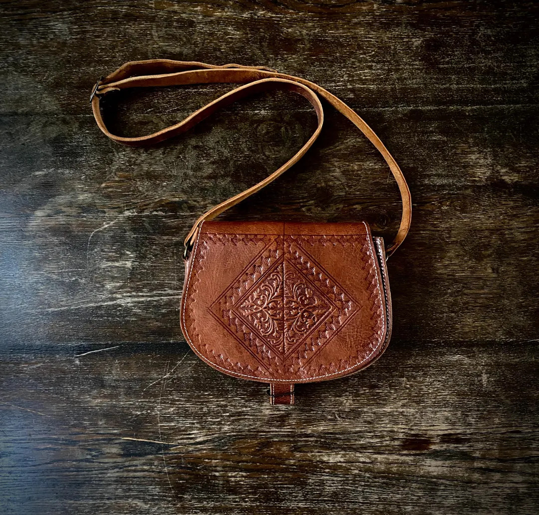 1970s Tooled Leather Satchel Bag. - Etsy | Etsy (US)