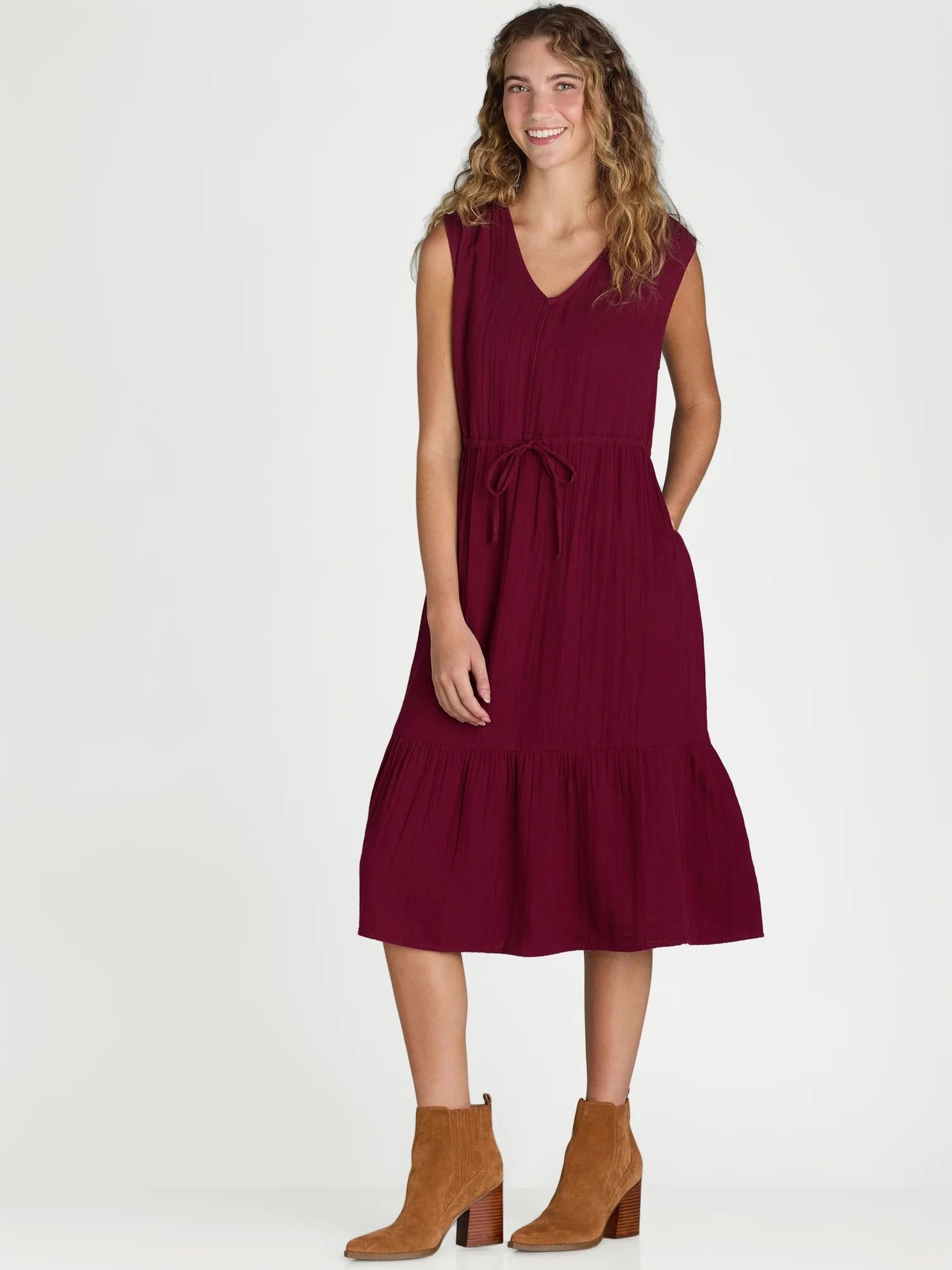 Time and Tru Women's Sleeveless Cotton Double Cloth Dress, Sizes XS-XXXL | Walmart (US)