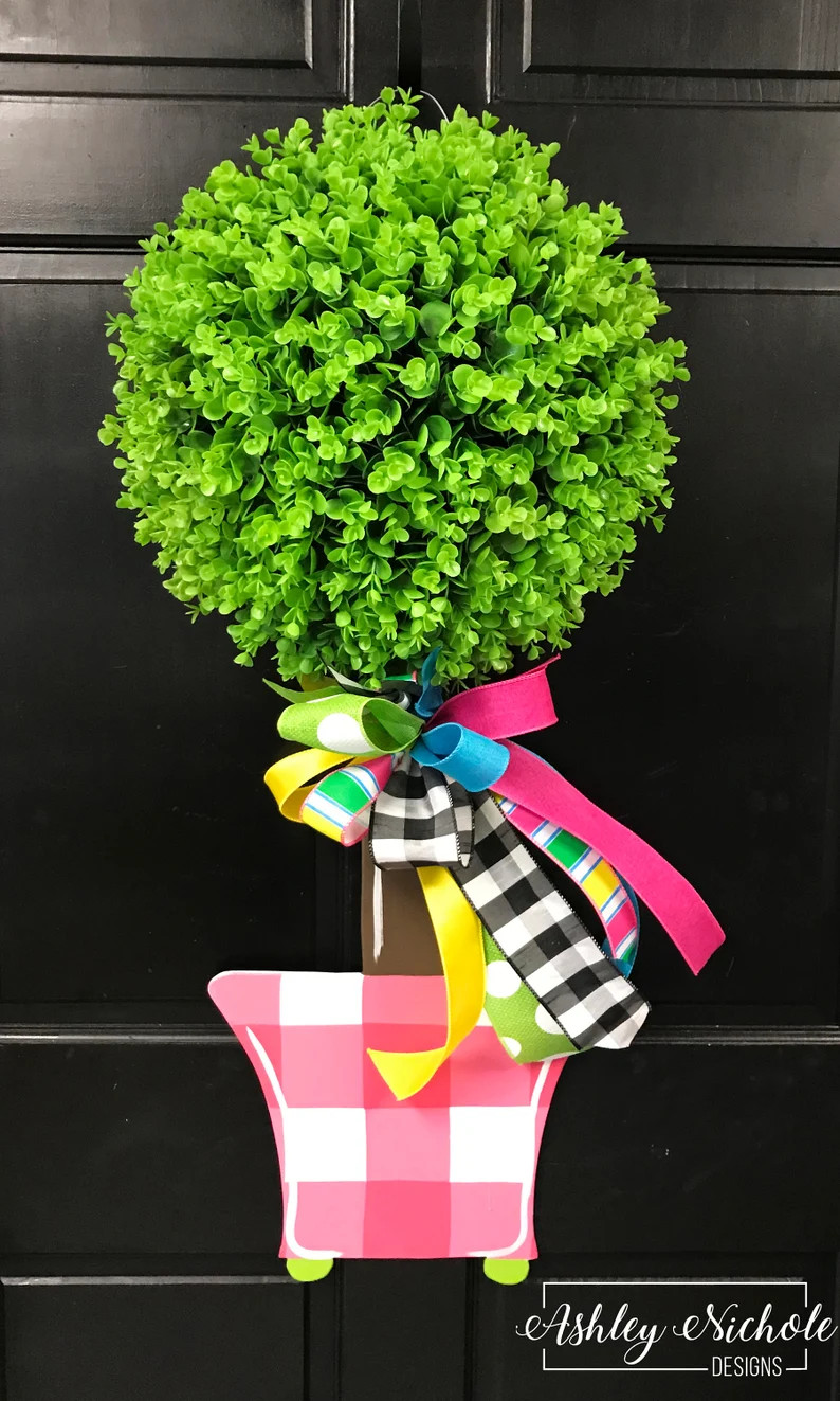 Buffalo Check Topiary Single Ball - Pink - Door Hanger, Spring Door Hanger, Summer Door Hanger | Etsy (US)
