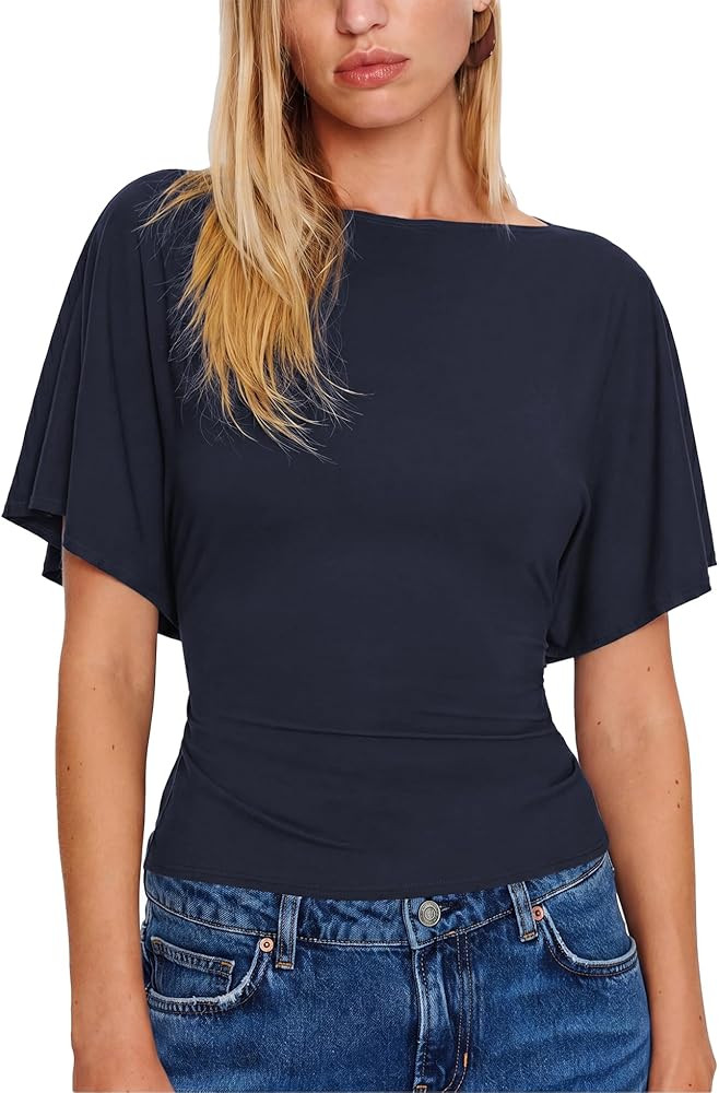 SeeLuNa Women Cinched Waist Shirts Stretchy Dolman Sleeve Boat Neck Knit Top Trendy Streetwear Ou... | Amazon (US)
