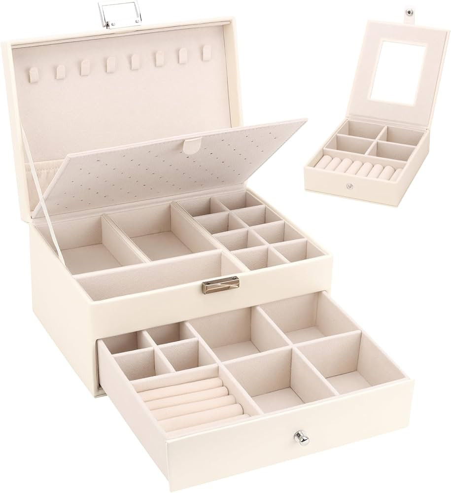 DesignSter Jewelry Organizer Box, 2 Layers Large Jewelry Box with Travel Jewelry Case, Leather Je... | Amazon (US)