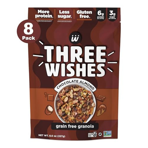 Three Wishes Granola, Chocolate Almond (8-Pack) - Gluten Free Granola, 6g Protein & 3g Sugar Healthy Breakfast & On-the-Go Snack - Vegan, Kosher & Grain-Free | Amazon (US)