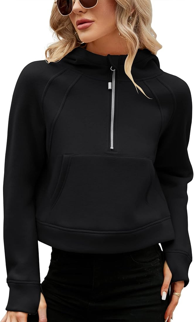 MICOSON Womens Fleece Lined Hoodies Pullover 1/2 Zipper Sweatshirt Long Sleeve Workout Crop Tops wit | Amazon (US)