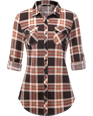 DJT Womens Soft Stretchy Knit Plaid Shirts Roll Up Long Sleeve Collared Button Down Blouses Tops | Amazon (US)