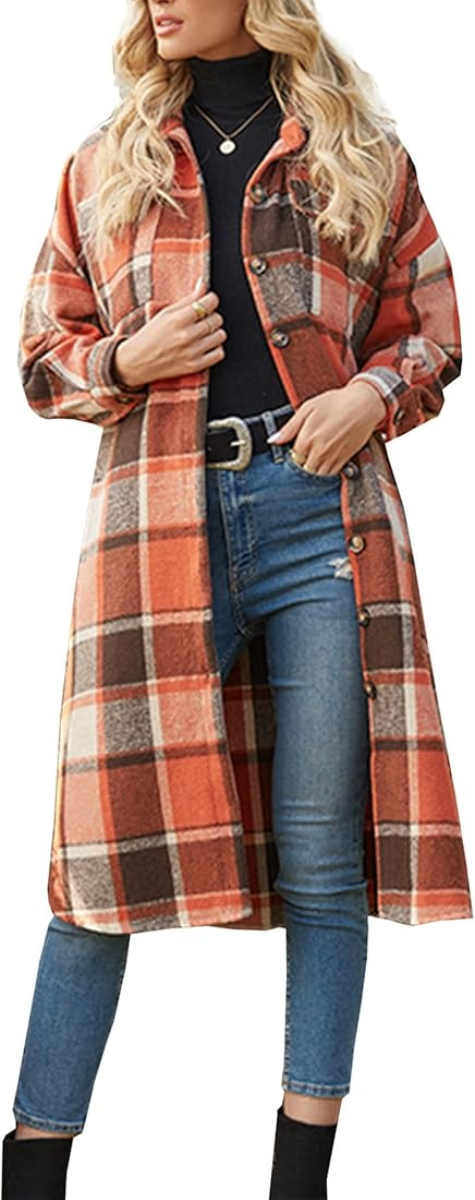 SeeLuNa Women's Casual Flannel Lounge Lapel Button Down Long Sleeve Plaid Long Shirts Jacket Shac... | Amazon (US)