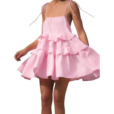 Women Tiered Ruffle Mini Dress Spaghetti Tie Strap Open Back Loose Cami Sundress, Pink, M | Target