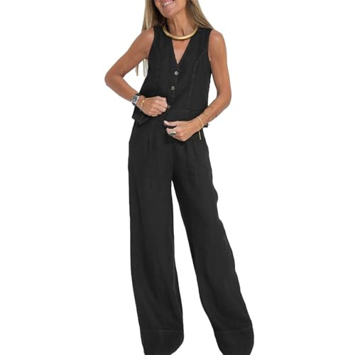 Women Blazer Set Sleeveless V Neck Vest Top Waistcoat Linen Pants 2 Piece Vest Suit Dressy Y2k Matching Sets(Fitted Black,M) | Amazon (US)