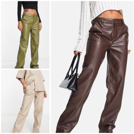 ASOS DESIGN faux leather straight leg pants brown, beige and olive green and they’re all marked down!! 

#LTKunder50 #LTKcurves #LTKsalealert