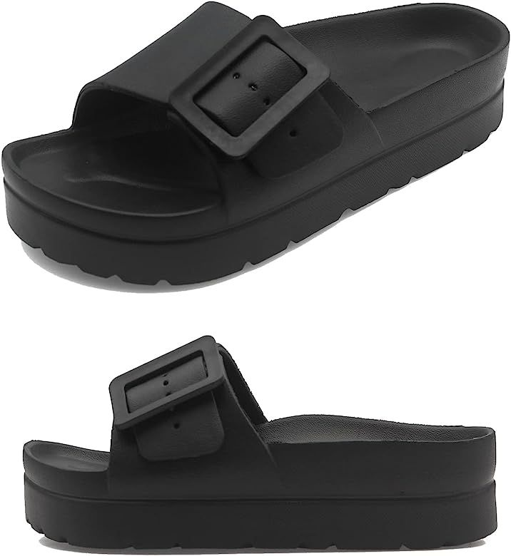 Women's Platform Sandals, Adjustable Buckle Flat Sandals, Comfort Slides with Arch Support, Women... | Amazon (US)
