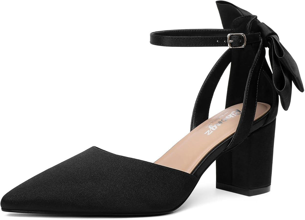 RIBONGZ Wedding Bridal Shoes for Women Chunky Block Heel Pumps Closed Pointed Toe Heels with Eleg... | Amazon (US)