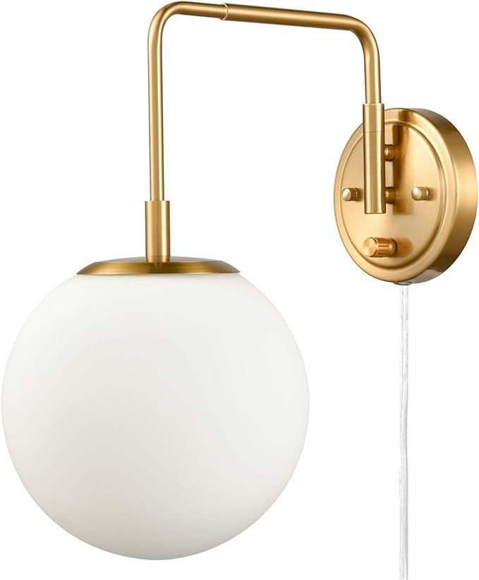 DAYCENT Modern Plug-in Wall Sconce Opal Glass Globe Swing Arm Brass Wall Sconce with On/Off Switc... | Amazon (US)