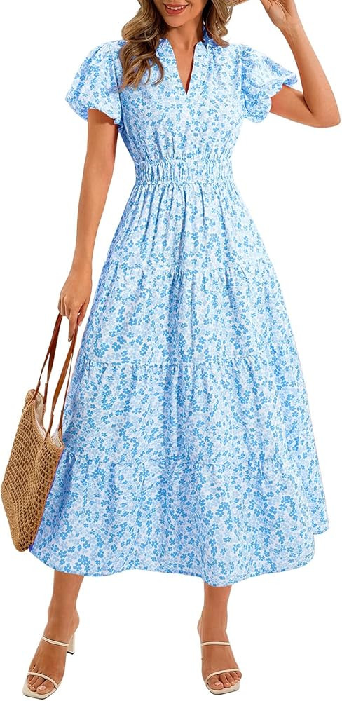 Wenrine Womens Summer Floral Maxi Dress Casual V Neck Puff Short Sleeve Smocked Loose Boho Beach ... | Amazon (US)