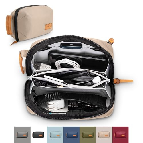 TRIPPED Travel Gear Tech Bag Organizer - Small Electronics Organizer Pouch for Travel - Premium Travel Case with Leather Accents - Mesh Pocket for Cables, Cords and Chargers (Tan) | Amazon (US)