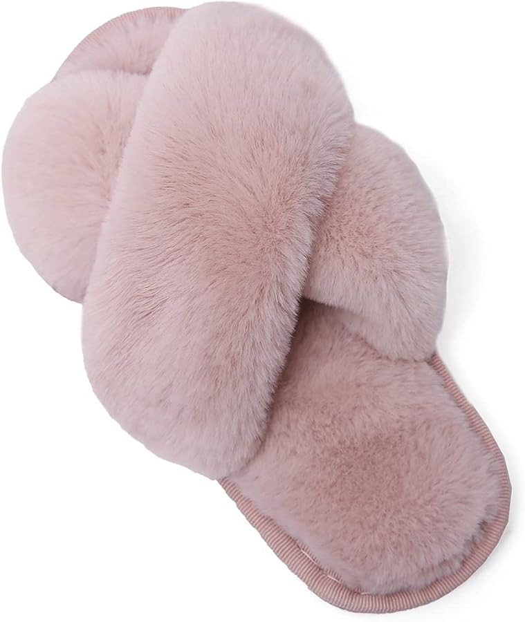 LightFun Girl's Fuzzy Fluffy Furry Slippers Fur Flip Flop Open Toe Slippers Cross Band Shoes Slid... | Amazon (CA)