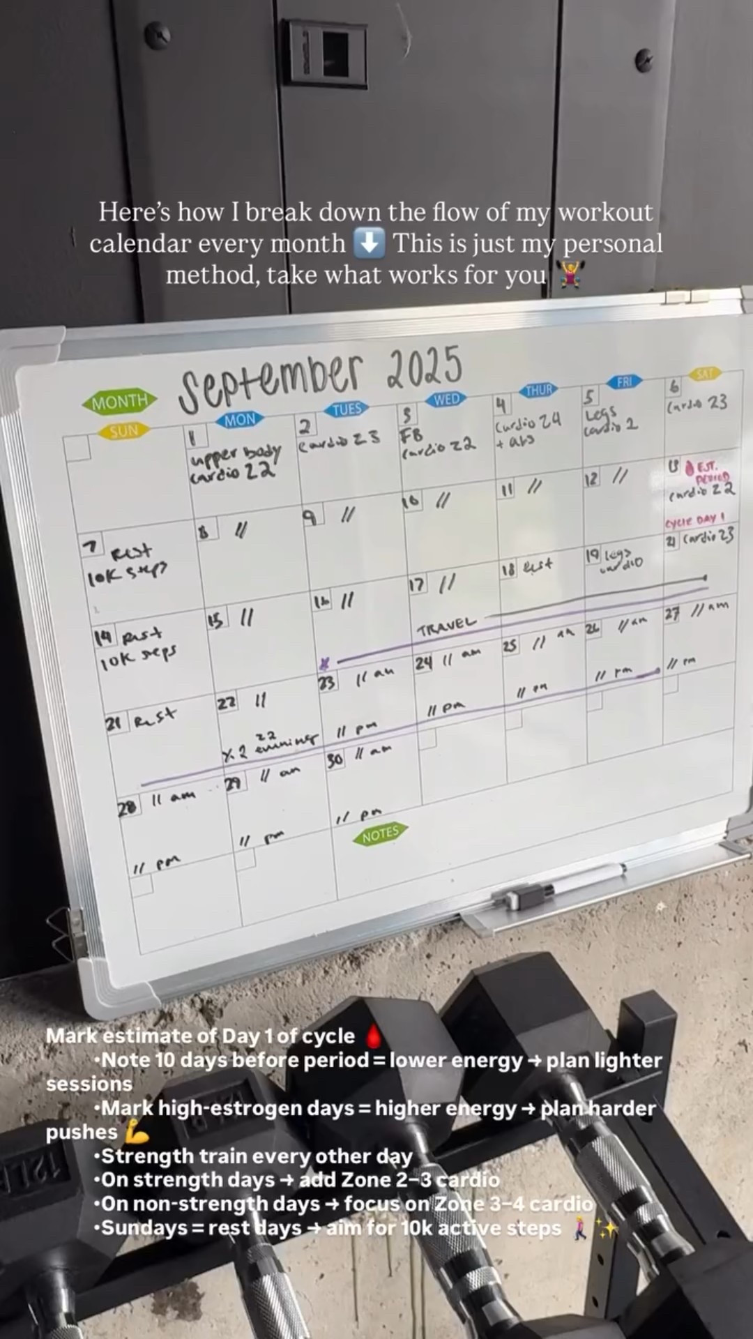The EXACT whiteboard calendar I use to plan my monthly workouts and sync them with my cycle 🩸💪🏻✨