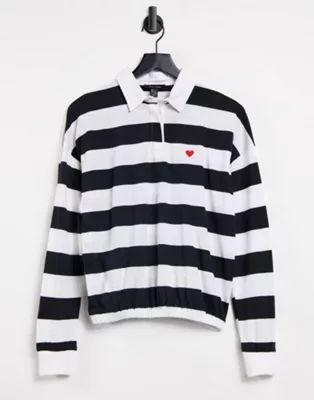 New Look rugby collar t-shirt with heart embroidery in black stripe | ASOS (Global)