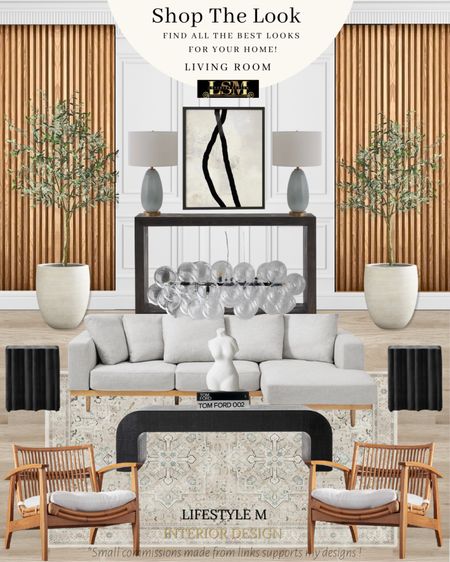 Modern Japandi Living Room Design. Wood wall panels, black coffee table, black end tables, wood upholstered chair, grey white sofa sectional, beige rug, white table decor, decor books, white tree planter pot, realistic fake tree, black console table, bubble chandelier, table lamps, modern wall art.

#LTKFind #LTKstyletip #LTKhome