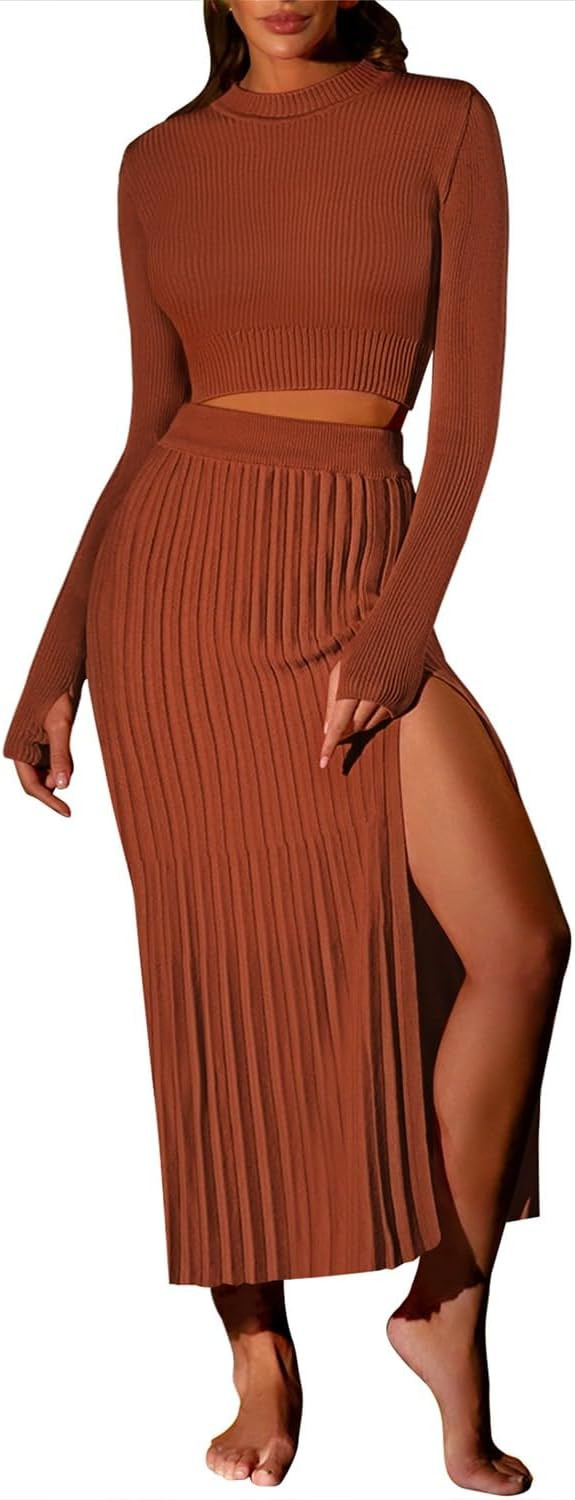 Pink Queen 2 Piece Fall Outfits for Women 2024 Crop Tops Slim Winter Wedding Skirt Set Knit Sweater Dress Coffee S | Amazon (US)