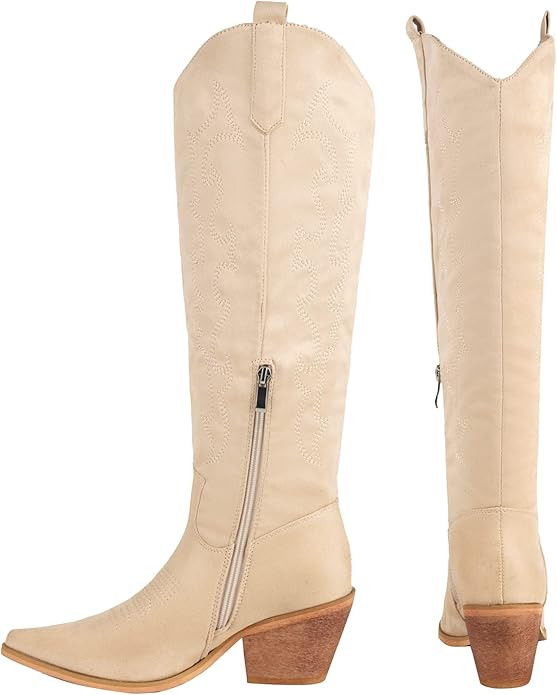 Reitoye Cowboy Boots for Women Embroidery Western Cowgirl Knee High Chunky Heel Boots with Pull-U... | Amazon (US)