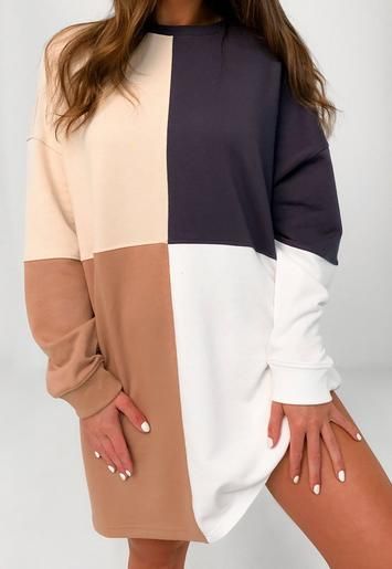 Beige Colorblock Oversized Sweater Dress | Missguided (US & CA)