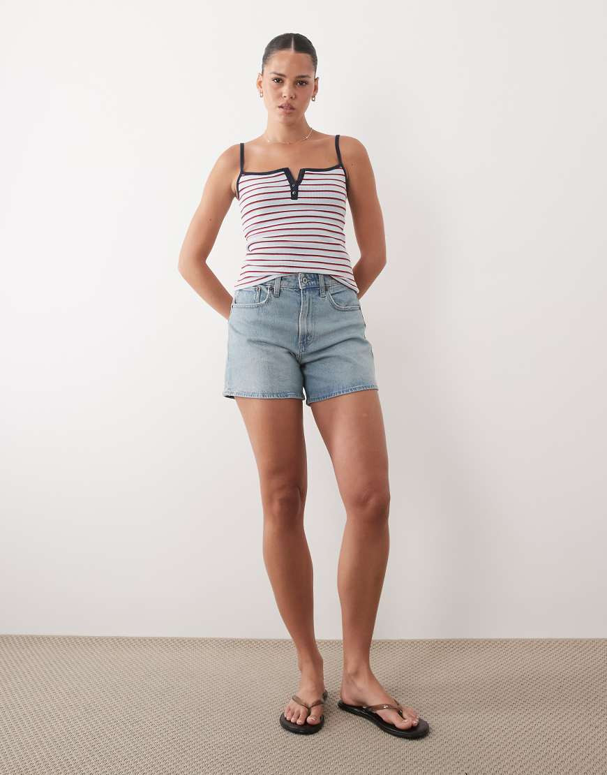 Abercrombie & Fitch Curve Love high rise denim shorts with finished hem in bleach blue | ASOS (Global)