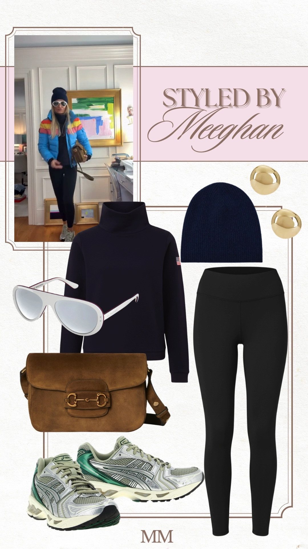 Off duty athleisure featuring a navy turtleneck, black leggings, and retro sneakers. Finished with a brown shoulder bag, beanie, and oversized sunglasses for an effortless everyday look that works for errands, travel days, and casual weekends. [athleisure outfit, navy turtleneck outfit, black leggings outfit, casual everyday outfit, off duty style, travel outfit women, comfy outfit, sneakers outfit, beanie outfit, neutral outfit, fall outfit, winter outfit, sporty chic outfit, casual basics, model off duty look]

#LTKfitnessgoals #LTKootd #LTKOver40