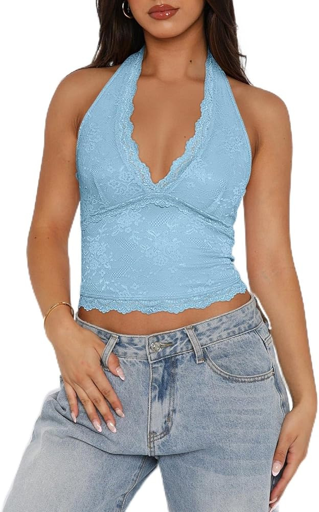 REORIA Womens Sexy V Neck Lace Halter Backless Going Out Double Lined Y2K Trendy Cropped Tank Top... | Amazon (US)