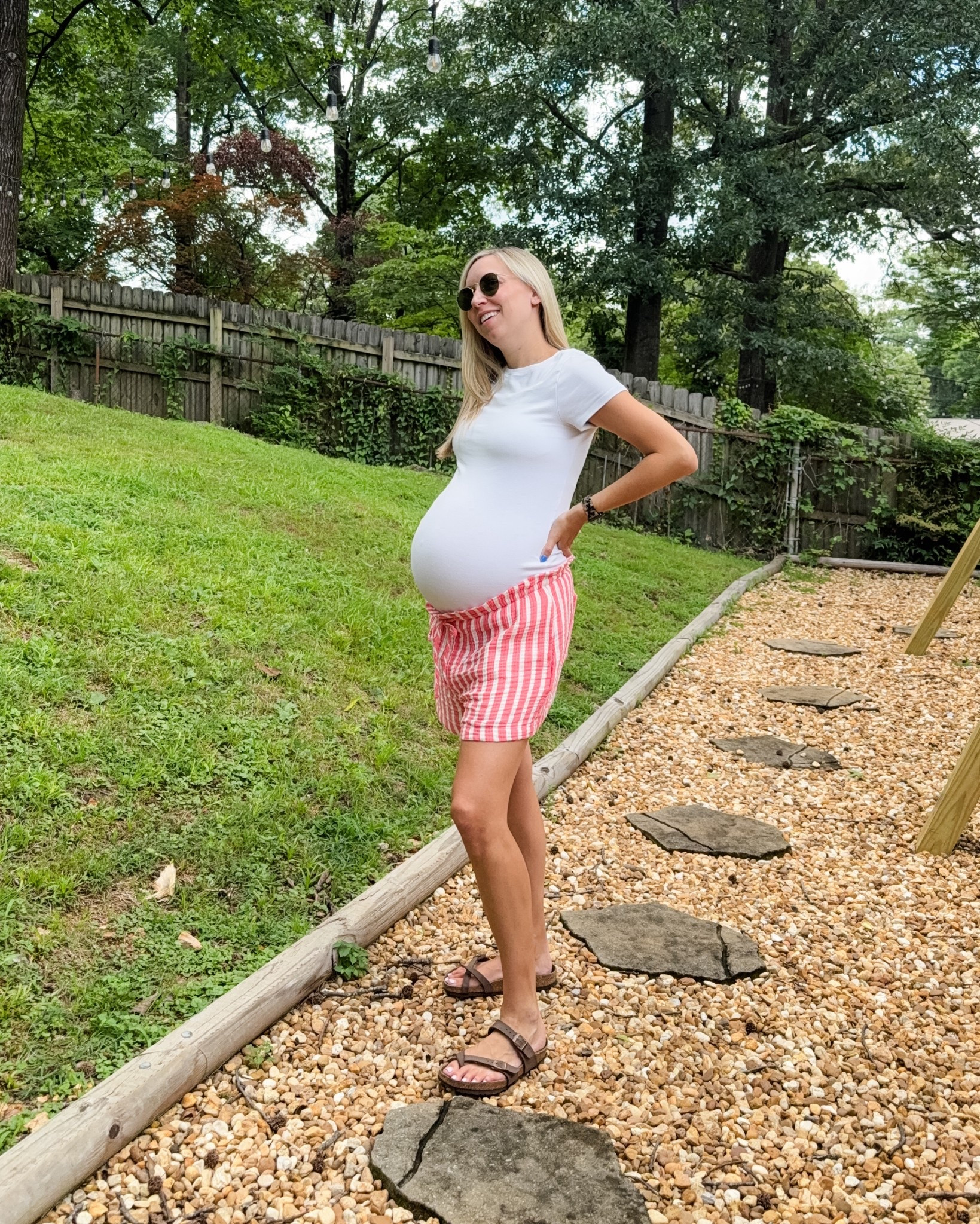 Wearing pre-pregnancy size in shirt, sized up in shorts 