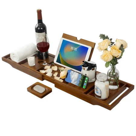 Semiocthome Teak Expandable Bathtub Tray Caddy Non Slip Bath Caddy with Wine Glass Holder Bathroom | Walmart (US)