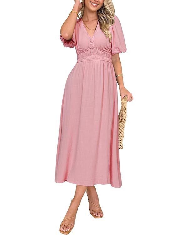 Simplee Women's Summer Boho Maxi Dress Casual V Neck Puff Sleeve Wedding Guest Dress Flowy Linen ... | Amazon (US)