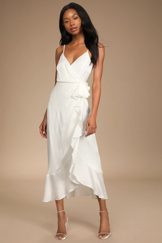 Captivated Beauty White Satin Ruffled Midi Dress | Lulus (US)