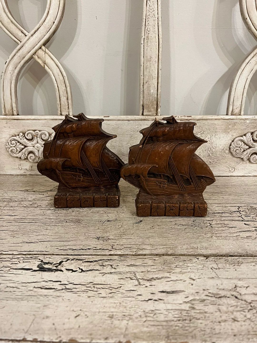 Vintage Ship Bookends  Rustic Wood Resin Book Ends  Chipper - Etsy | Etsy (US)