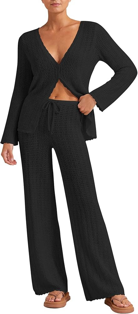 Womens Beach Cover Up Sets 2 Piece Crochet Long Sleeve Button Cardigan Top and Pants Vacation Res... | Amazon (US)