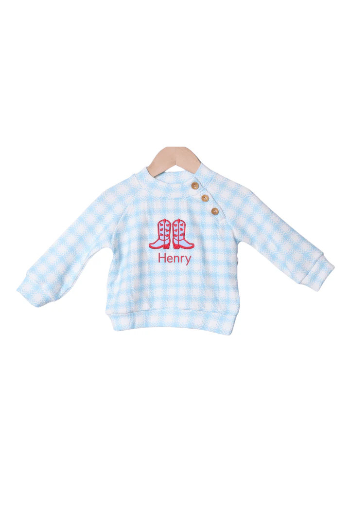 Applique Cowboy Cupid Blue Gingham Cardigan Pullover | The Smocked Flamingo