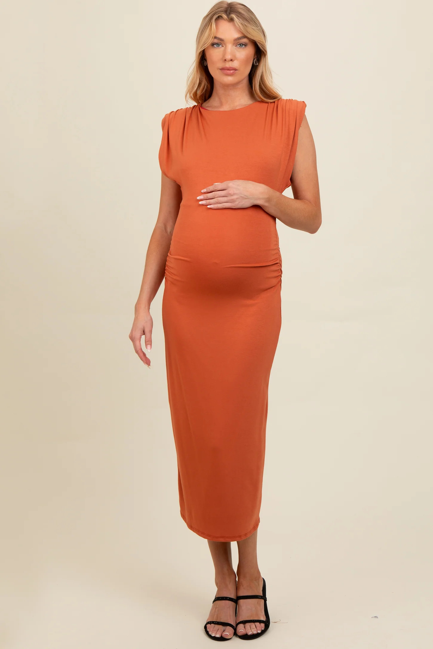 Rust Padded Shoulder Fitted Maternity Midi Dress | PinkBlush Maternity